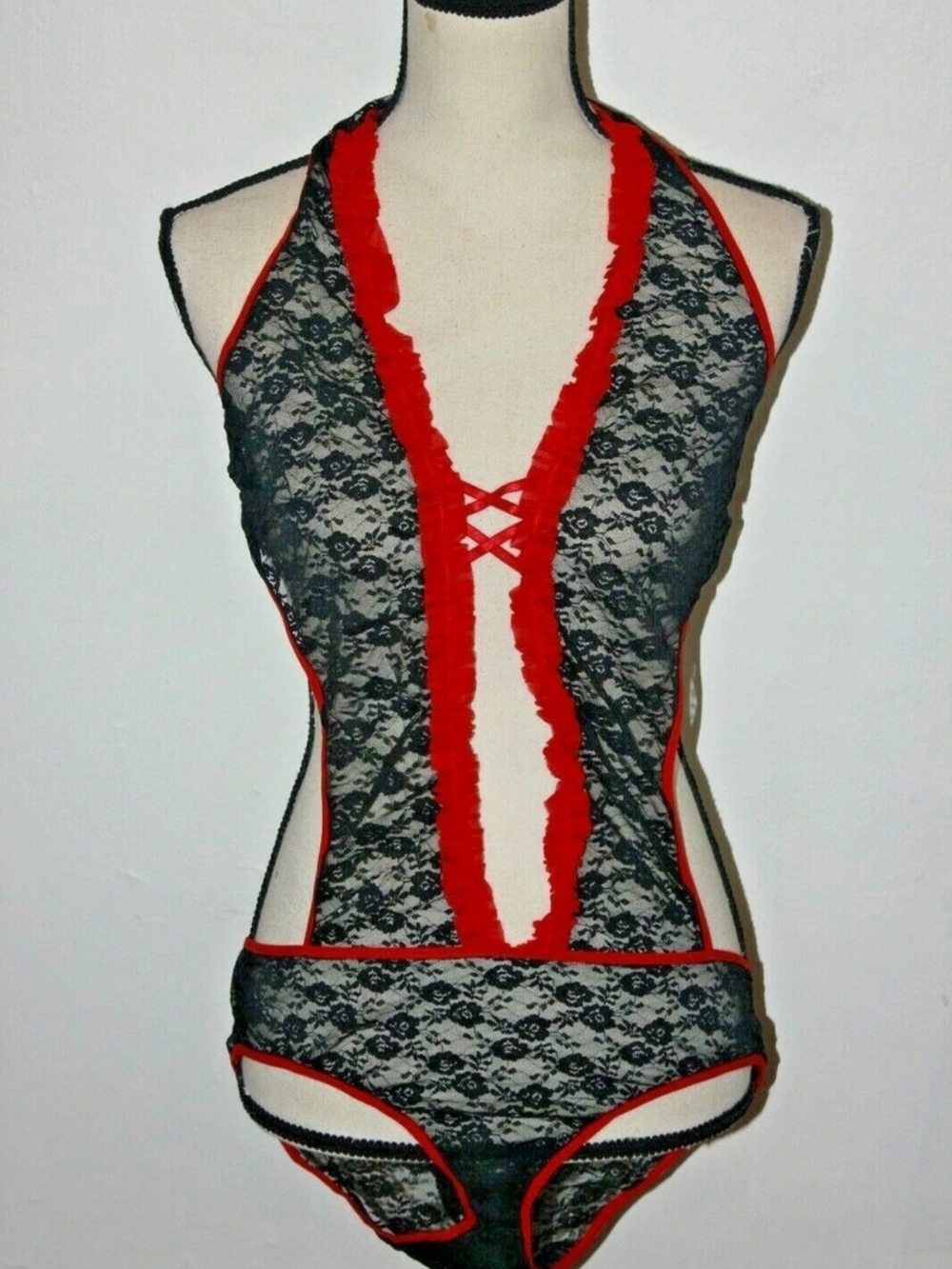 Adore Me Black Lace Bodysuit with Red Trim